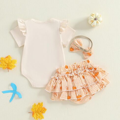 Cutest Pumpkin In The Patch Halloween Outfits for Baby Girls Letters Romper Top and Ruffles Bow Shorts 0-18M in Saudi Arabia