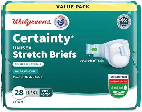 Certainty Unisex Stretch Briefs, L/XL 40-70 inch, Ultimate Absorbency, 28 Count Value Pack (Pack of 2) Total of 56 Count in Saudi Arabia
