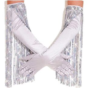 Latious Silver Sequin Fringe Gloves Long 1920s Opera Tassels Gloves Prom Glove Accessories for Women in Saudi Arabia