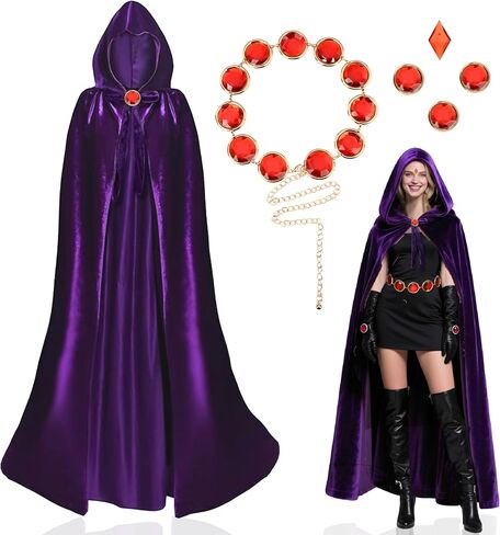 Women's Purple Velvet Hooded Cape with Anime Cosplay Belt –Long purple cloak, Witch & Halloween Costume in Kuwait
