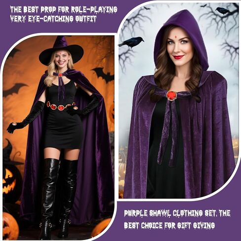 Women's Purple Velvet Hooded Cape with Anime Cosplay Belt –Long purple cloak, Witch & Halloween Costume in Kuwait