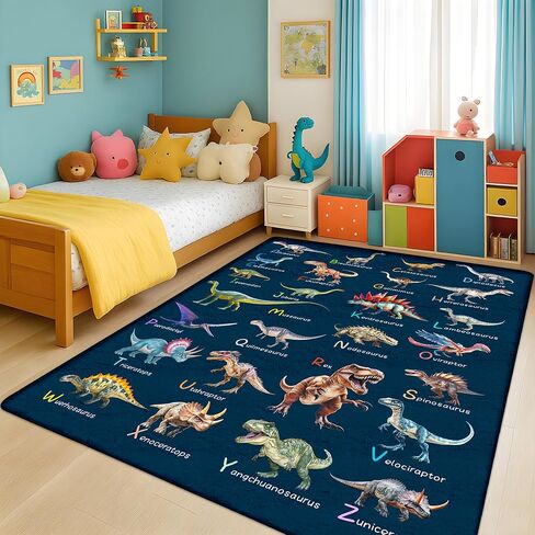 Dinosaur Rug 5x7 Feet for Kids, Educational ABC Play Mat with Dino Theme, Dinosaur Rugs for Boys Bedroom, Soft Machine Washable Non-Slip Carpet for Kids Room, Nursery, Classroom or Playroom Floor in Saudi Arabia