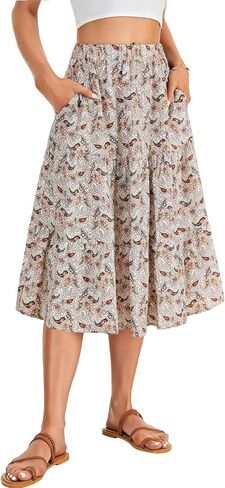 LYANER Women's Boho Print Tiered Ruffle A Line Ruched Elastic Waist with Pockets Midi Skirt in Saudi Arabia