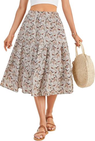 LYANER Women's Boho Print Tiered Ruffle A Line Ruched Elastic Waist with Pockets Midi Skirt in Saudi Arabia