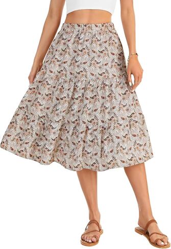 LYANER Women's Boho Print Tiered Ruffle A Line Ruched Elastic Waist with Pockets Midi Skirt in Saudi Arabia