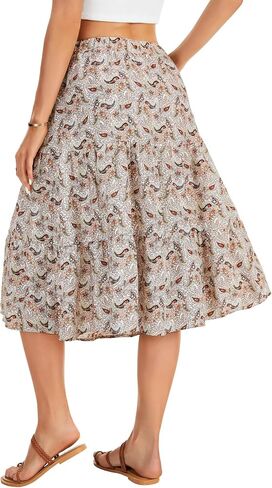 LYANER Women's Boho Print Tiered Ruffle A Line Ruched Elastic Waist with Pockets Midi Skirt in Saudi Arabia