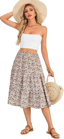 LYANER Women's Boho Print Tiered Ruffle A Line Ruched Elastic Waist with Pockets Midi Skirt in Saudi Arabia