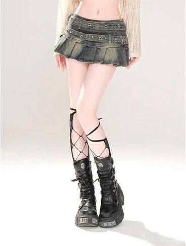 Women's Skirts Solid Colour Denim Skirt Women High Waist Pleated Mini Skirt Short Skirt in Saudi Arabia