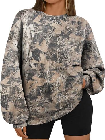 Camo Sweatshirt for Women Mens Oversized Fleece Maple Leaf Print Hoodies Camouflage Crewneck Long Sleeve Pullovers in Saudi Arabia