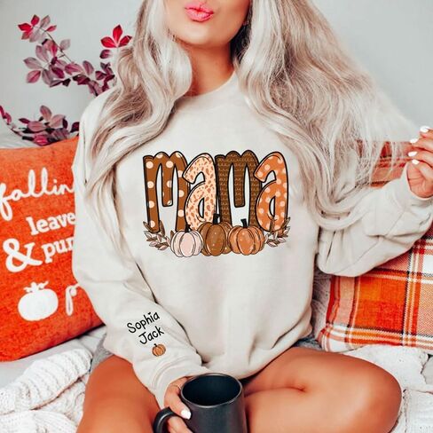 NAZENTI Personalized Mama Sweatshirt, Autumn Fall Pumpkin Grandma Sweatshirt, Mama Sweatshirts for Women, Gifts for New Mom in Saudi Arabia