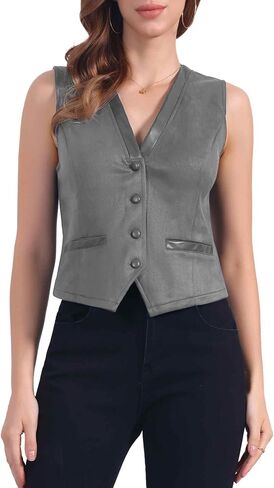 Allegra K Vintage Suit Waistcoat for Women's V Neck Faux Suede Button Down Sleeveless Jacket Vest in Saudi Arabia