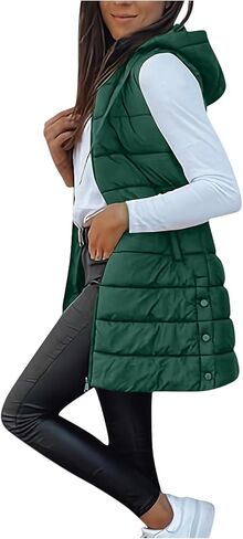 Long Puffer Vest for Women Padded Sleeveless Hooded Jackets Winter Warm Puffy Coats Outerwear Vests with Pockets in Saudi Arabia