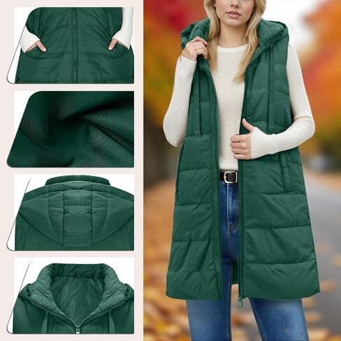Long Puffer Vest for Women Padded Sleeveless Hooded Jackets Winter Warm Puffy Coats Outerwear Vests with Pockets in Saudi Arabia