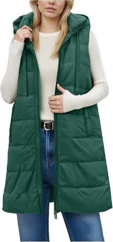 Long Puffer Vest for Women Padded Sleeveless Hooded Jackets Winter Warm Puffy Coats Outerwear Vests with Pockets in Saudi Arabia