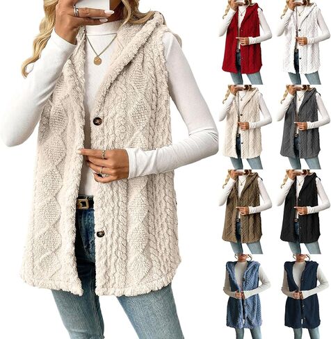 Womens Sherpa Vest long Fleece Sleeveless Coats Button Up Warm Jackets Fall winter 2025 Fashion Outerwear in Saudi Arabia