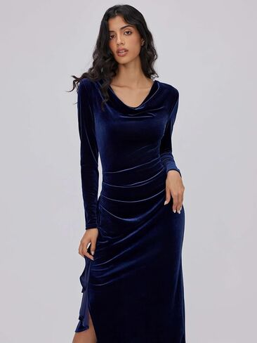 CIDER Elegant Long Sleeve Party Dress for Women Drape Neck Ruffle Slit Hem Gown Cocktail Dresses in Saudi Arabia