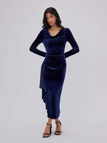 CIDER Elegant Long Sleeve Party Dress for Women Drape Neck Ruffle Slit Hem Gown Cocktail Dresses in Saudi Arabia