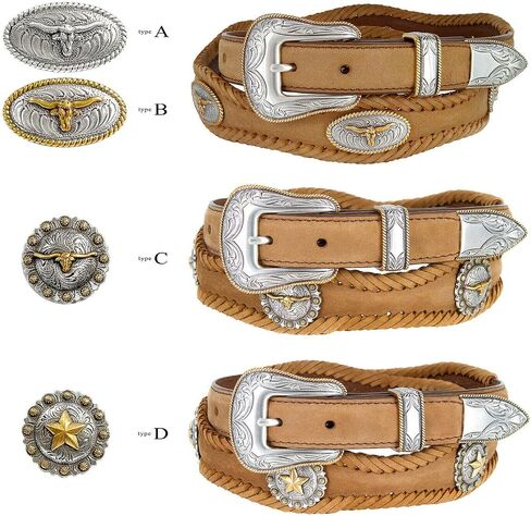 Longhorn Steer/Gold Star Conchos Ranger Belt Western Cowboy Cowgirl Genuine Leather Braided Belt, Size Up to 60" in Saudi Arabia