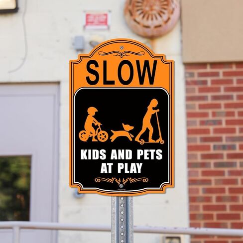 2 Pack Slow Down Children at Play Yard Signs 18 x 12 Inches Slow Children Playing Safety Signs for Neighborhood, Metal Reflective Sturdy Rust Aluminum Waterproof Easy to Install in Saudi Arabia