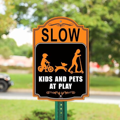 2 Pack Slow Down Children at Play Yard Signs 18 x 12 Inches Slow Children Playing Safety Signs for Neighborhood, Metal Reflective Sturdy Rust Aluminum Waterproof Easy to Install in Saudi Arabia
