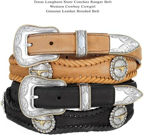 Longhorn Steer/Gold Star Conchos Ranger Belt Western Cowboy Cowgirl Genuine Leather Braided Belt, Size Up to 60" in Saudi Arabia