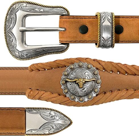 Longhorn Steer/Gold Star Conchos Ranger Belt Western Cowboy Cowgirl Genuine Leather Braided Belt, Size Up to 60" in Saudi Arabia