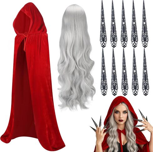 12 Pcs Black Beak Halloween Costume for Women, Silver Curly Wig and Red Velvet Cape with 10 Pcs Gothic Claw Rings for Halloween Cosplay, Gothic Fantasy Witch Costume Accessories in Saudi Arabia