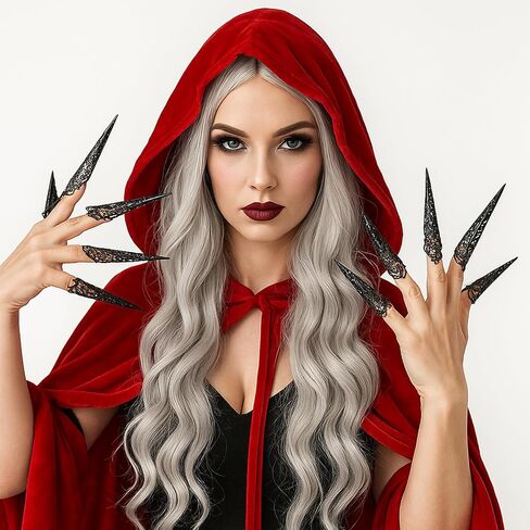12 Pcs Black Beak Halloween Costume for Women, Silver Curly Wig and Red Velvet Cape with 10 Pcs Gothic Claw Rings for Halloween Cosplay, Gothic Fantasy Witch Costume Accessories in Saudi Arabia