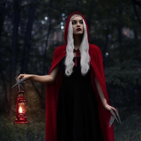 12 Pcs Black Beak Halloween Costume for Women, Silver Curly Wig and Red Velvet Cape with 10 Pcs Gothic Claw Rings for Halloween Cosplay, Gothic Fantasy Witch Costume Accessories in Saudi Arabia