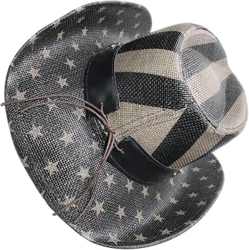 Vanzack للجنسين Western Cowboy Hat American Flag Design Straw Sun Hat للحفلات الخارجية والاحتفال باليوم الوطني مريح رعاة البقر الكلاسيكي للرجال والنساء الأسود in Saudi Arabia