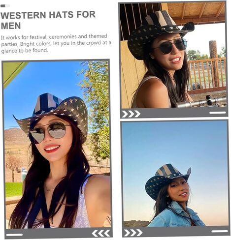 Vanzack للجنسين Western Cowboy Hat American Flag Design Straw Sun Hat للحفلات الخارجية والاحتفال باليوم الوطني مريح رعاة البقر الكلاسيكي للرجال والنساء الأسود in Saudi Arabia