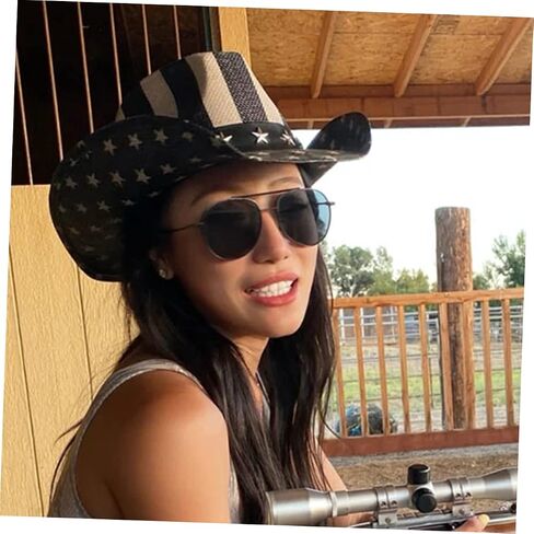 Vanzack للجنسين Western Cowboy Hat American Flag Design Straw Sun Hat للحفلات الخارجية والاحتفال باليوم الوطني مريح رعاة البقر الكلاسيكي للرجال والنساء الأسود in Saudi Arabia