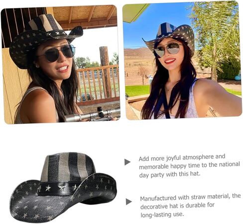 Vanzack للجنسين Western Cowboy Hat American Flag Design Straw Sun Hat للحفلات الخارجية والاحتفال باليوم الوطني مريح رعاة البقر الكلاسيكي للرجال والنساء الأسود in Saudi Arabia