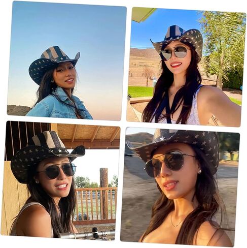 Vanzack للجنسين Western Cowboy Hat American Flag Design Straw Sun Hat للحفلات الخارجية والاحتفال باليوم الوطني مريح رعاة البقر الكلاسيكي للرجال والنساء الأسود in Saudi Arabia