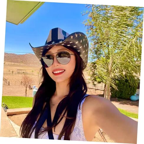 Vanzack للجنسين Western Cowboy Hat American Flag Design Straw Sun Hat للحفلات الخارجية والاحتفال باليوم الوطني مريح رعاة البقر الكلاسيكي للرجال والنساء الأسود in Saudi Arabia