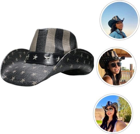 Vanzack للجنسين Western Cowboy Hat American Flag Design Straw Sun Hat للحفلات الخارجية والاحتفال باليوم الوطني مريح رعاة البقر الكلاسيكي للرجال والنساء الأسود in Saudi Arabia
