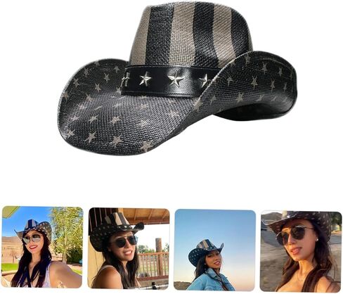 Vintage Unisex Straw Cowboy Hat Western Style Decorative Cowgirl Headwear for USA Party Festival Cosplay and Photo Accessories Black in Saudi Arabia
