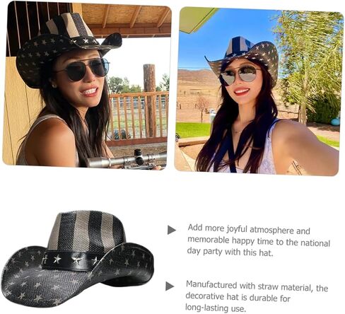 قبعة القش الغربية القامة للجنسين للجنسين مع تصميم العلم الأمريكي للتخييم المشي لمسافات طويلة الجري والحفلات الأسود in Saudi Arabia