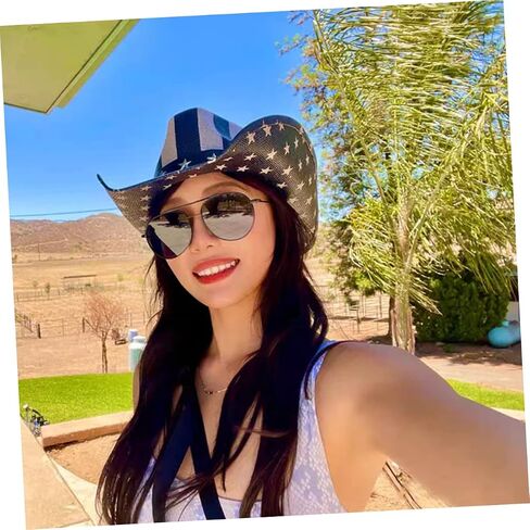 قبعة القش الغربية القامة للجنسين للجنسين مع تصميم العلم الأمريكي للتخييم المشي لمسافات طويلة الجري والحفلات الأسود in Saudi Arabia