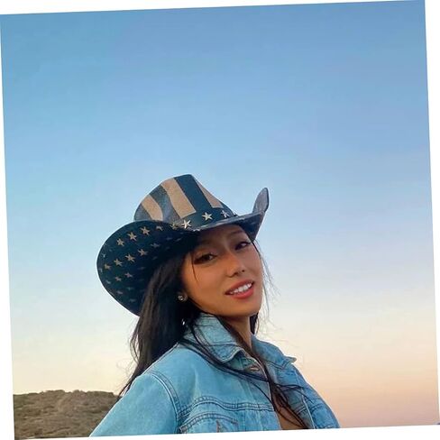 قبعة القش الغربية القامة للجنسين للجنسين مع تصميم العلم الأمريكي للتخييم المشي لمسافات طويلة الجري والحفلات الأسود in Saudi Arabia