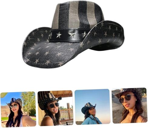 Safigle Vintage American Flag Western Western Cowboy Hat Hat Disporative Straw Party Hat للرجال والنساء خفيفة الوزن في الهواء الطلق في الهواء in Saudi Arabia