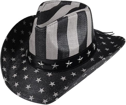 Partykindom USA American Flag Flag American Cowgirl Straw Hat Usisex Western Holiday Party Accessory للاحتفال بيوم الاستقلال الأسود in Saudi Arabia