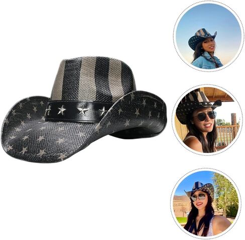 Partykindom USA American Flag Flag American Cowgirl Straw Hat Usisex Western Holiday Party Accessory للاحتفال بيوم الاستقلال الأسود in Saudi Arabia