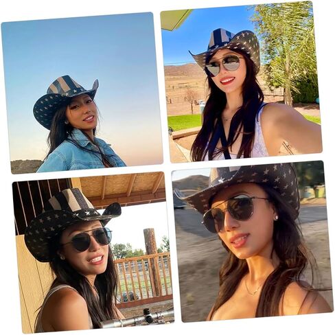 Partykindom USA American Flag Flag American Cowgirl Straw Hat Usisex Western Holiday Party Accessory للاحتفال بيوم الاستقلال الأسود in Saudi Arabia