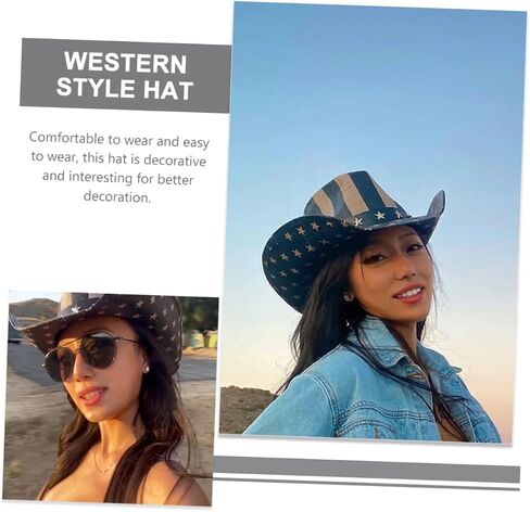 Partykindom USA American Flag Flag American Cowgirl Straw Hat Usisex Western Holiday Party Accessory للاحتفال بيوم الاستقلال الأسود in Saudi Arabia