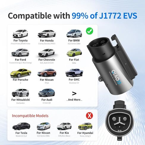 قامت Qiao بترقية Tesla إلى محول J1772 ، NACS إلى شاحن J1772 ، MAX 80A 250V - محول EV المحمول لـ J1772 EVs في محطات Tesla Home/Mobile AC ، مطلي بالفضة مع قفل السلامة (وليس من أجل Supercharging) in Kuwait