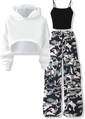 Voxikodex Girls Cute Clothes 3 Piece Cropped Hoodie + Cami Top + Cargo Pants Winter Spring Outfits for Teen Girls Size 7-14Y in Kuwait