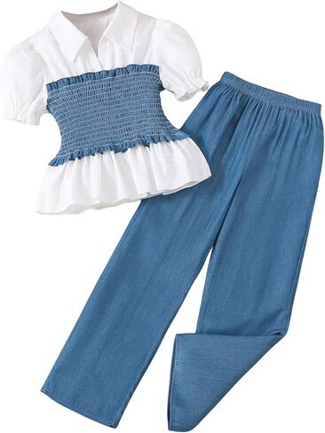 OYOANGLE Girl's 2 Pieces Summer Outfits Puff Sleeve Short Sleeve Peplum Blouse and Loose Pants Sets in Saudi Arabia