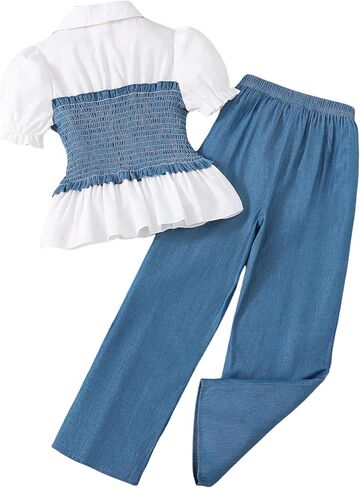 OYOANGLE Girl's 2 Pieces Summer Outfits Puff Sleeve Short Sleeve Peplum Blouse and Loose Pants Sets in Saudi Arabia
