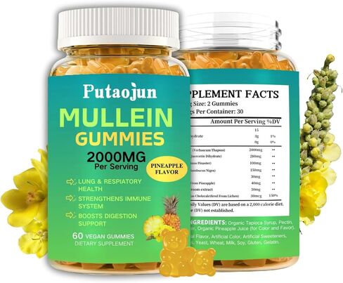 Mullein Gummies ، مكملات Mullein لصحة الجهاز التنفسي ، 2000 ملغ مستخلص أوراق Mullein العضوية ، مكملات العشبية الطبيعية ، دعم الرئة ، خالية من الغلوتين ، 60 عدد. in Saudi Arabia